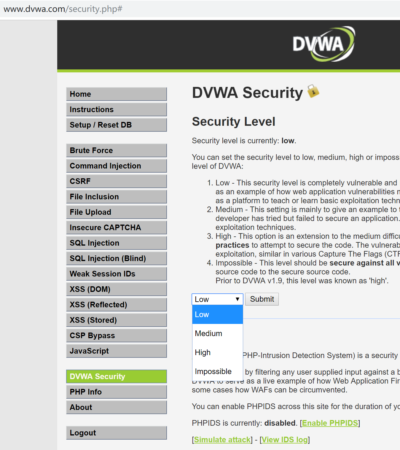 DVWA Security
